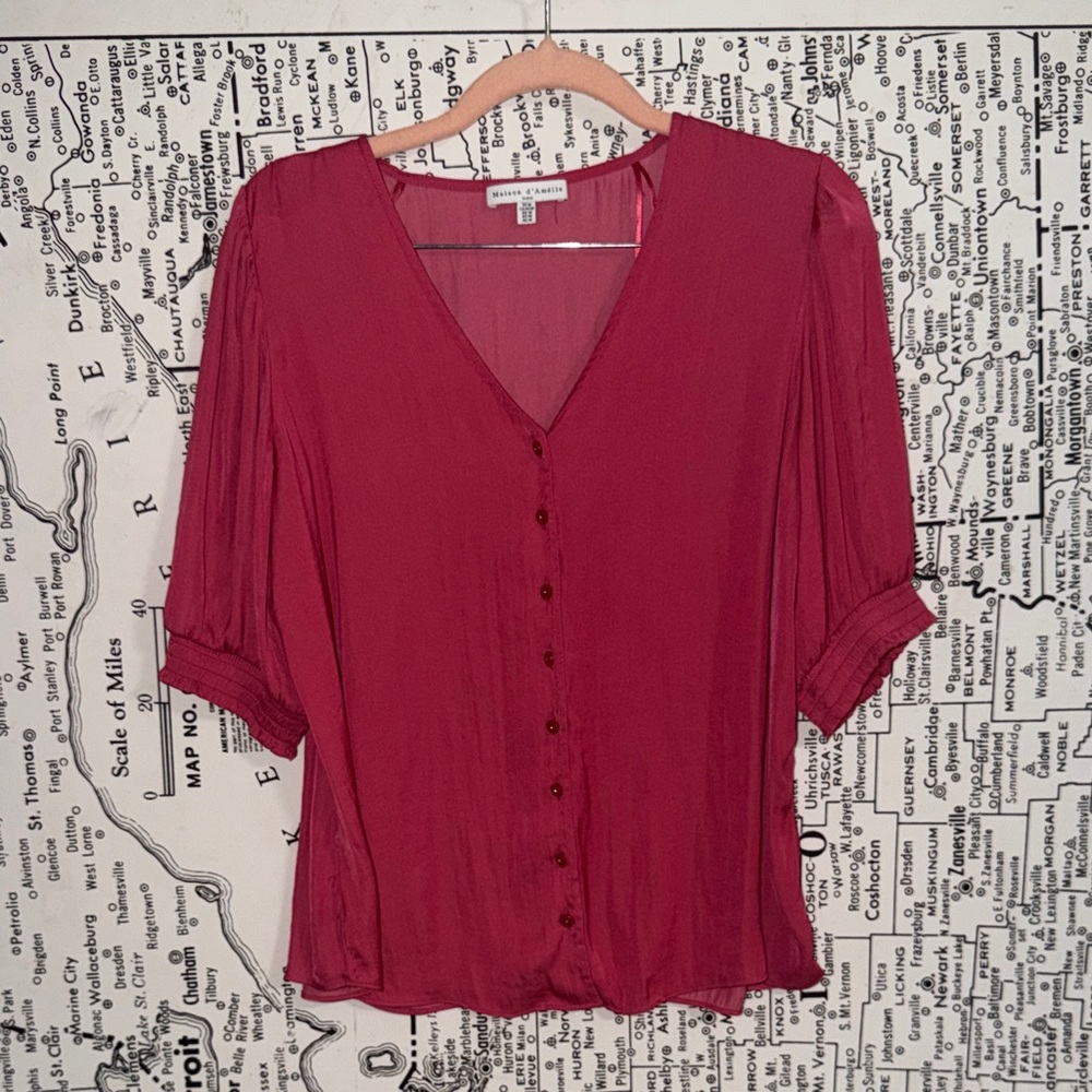 Vintage Style V-Neck Button Front Blouse - Raspberry